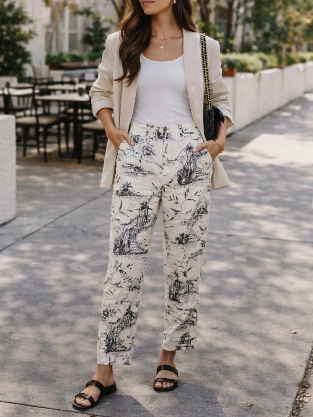 Liz Claiborne White 100% Silk Chino Pants with Black Scenic Print